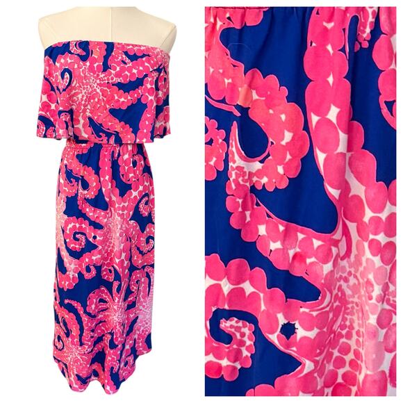 Lilly Pulitzer Strapless Mocean Octopus Long Dress Sz. Small Pink Navy - Picture 1 of 9